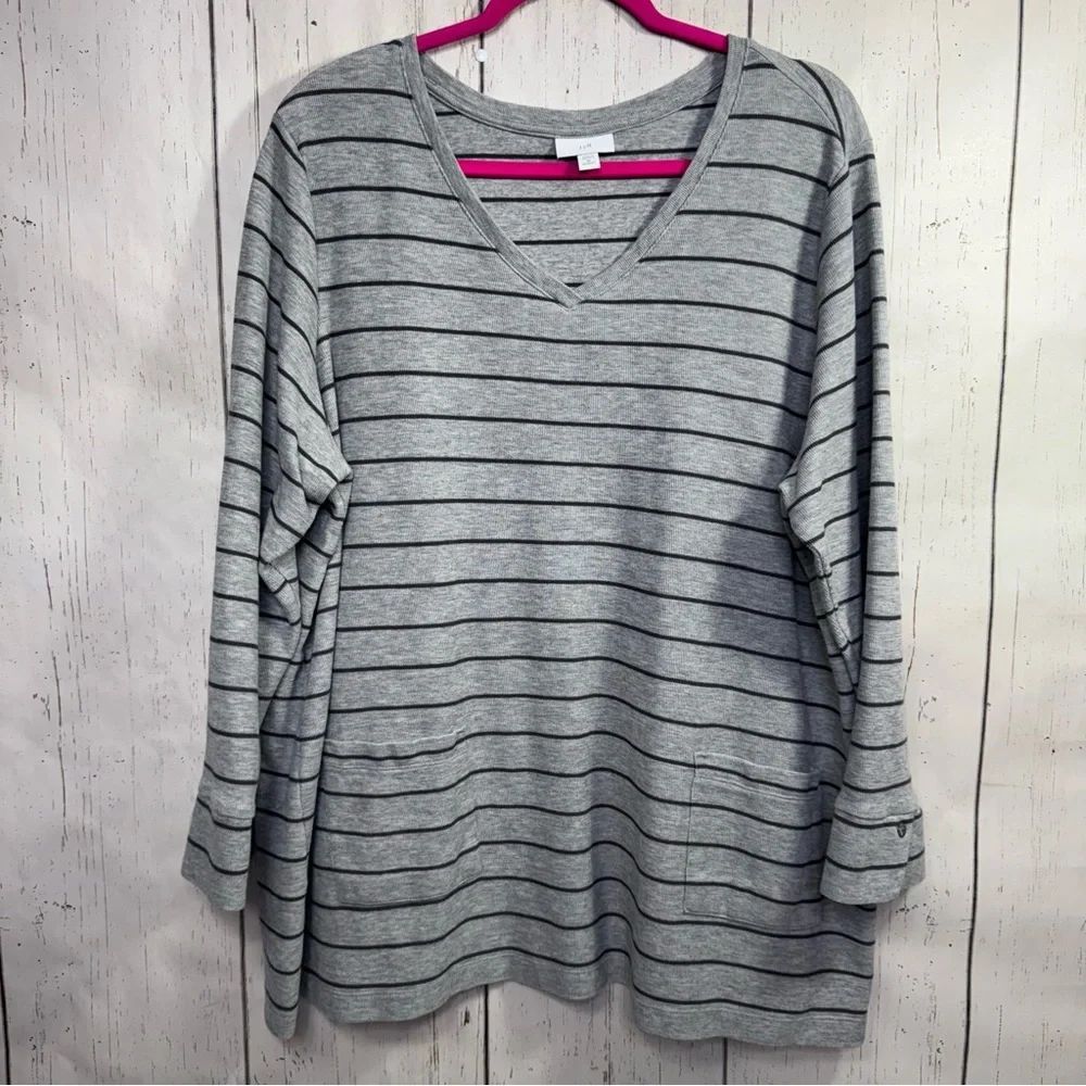 J Jill Gray Stripe Long Sleeve Tunic Top Womens 3X Minimalist Casual Lagenlook